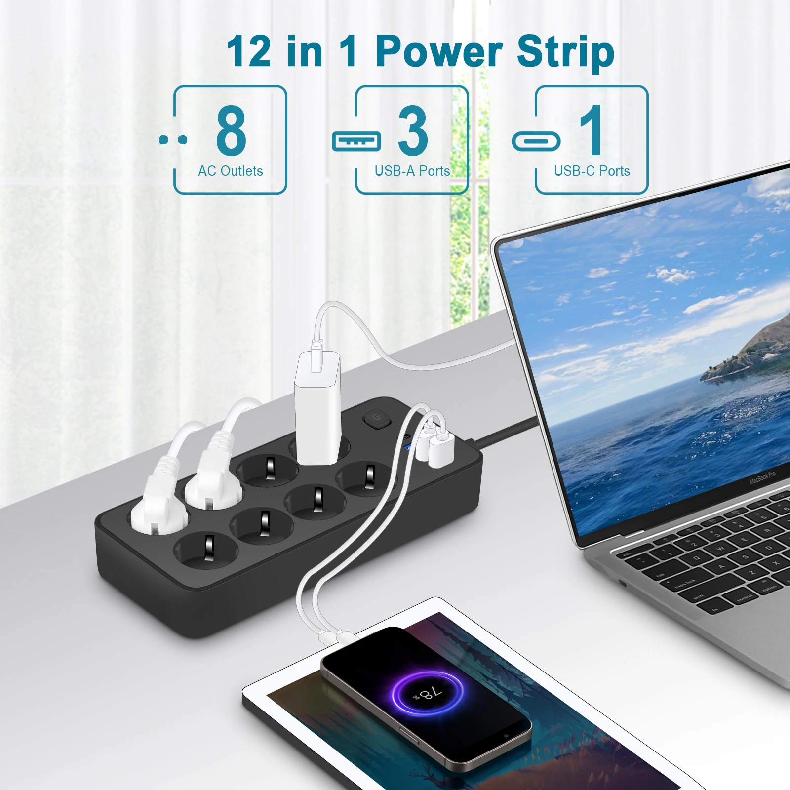 EU-Stecker-Steckdosenleiste, 1,8 m langes Verlängerungskabel, Steckdose mit 3 USB-Anschlüssen, 1 Typ-C-Anschlüsse, 8 AC-Steckdosen, Steckdose zum Aufladen Image