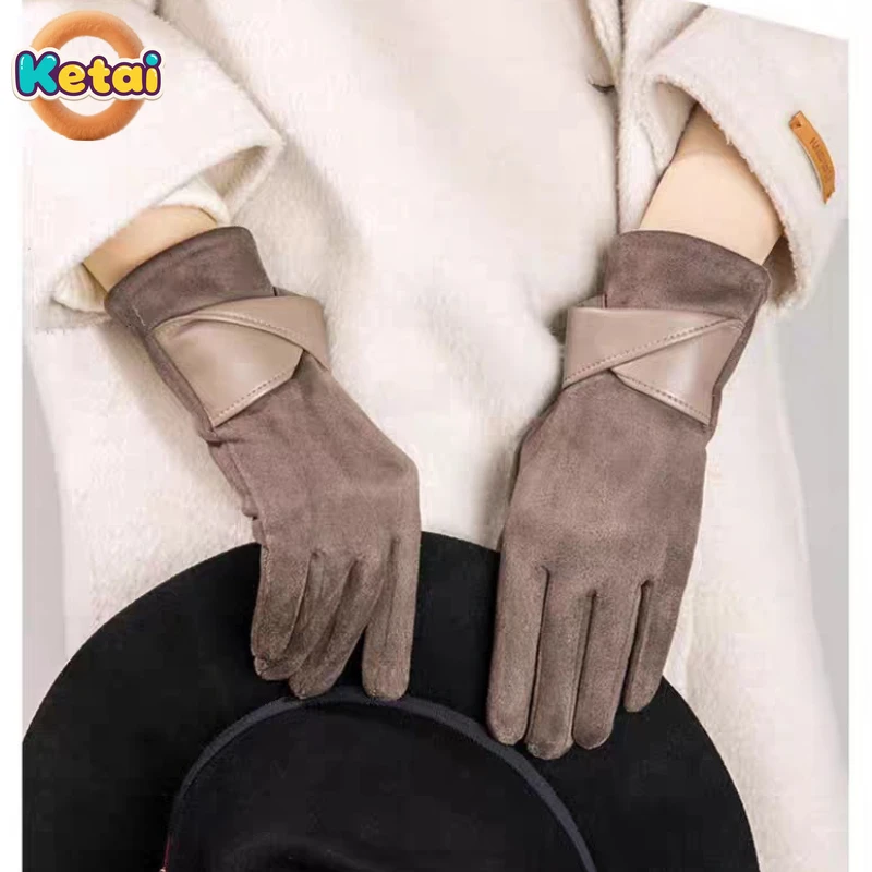 Warme Handschuhe für Frauen im Herbst und Winter, verdickter und modischer Touchscreen, Anti-Kälte-Wildleder-Handschuhe für Erwachsene, schwarze Handschuhe Image