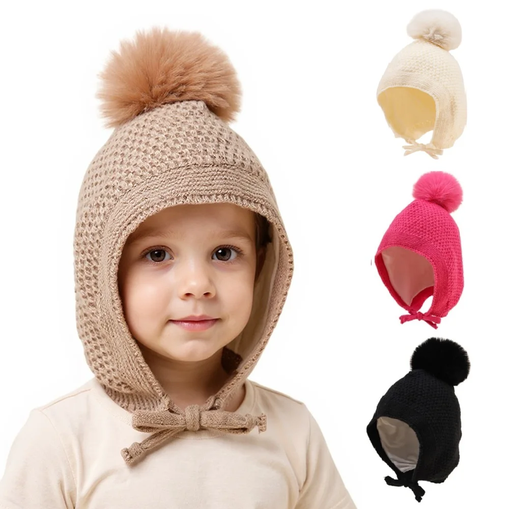 Herbst Winter Gestrickte Baby Hut für Mädchen Jungen Pompom Ball Kleinkind Riemen Motorhaube mit Ohrenschützer Outdoor Kinder Ohr Schutz Hut Image