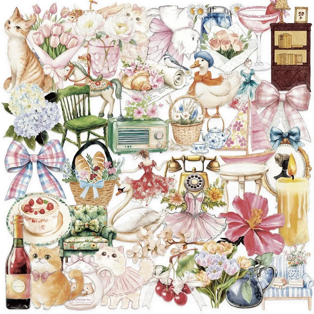 50-teiliges transparentes Cartoon-Aquarell-Gartenaufkleberpaket für Mädchen – wasserfeste, klare PET-Dekoration für Handrechnungen, Gitarren Image