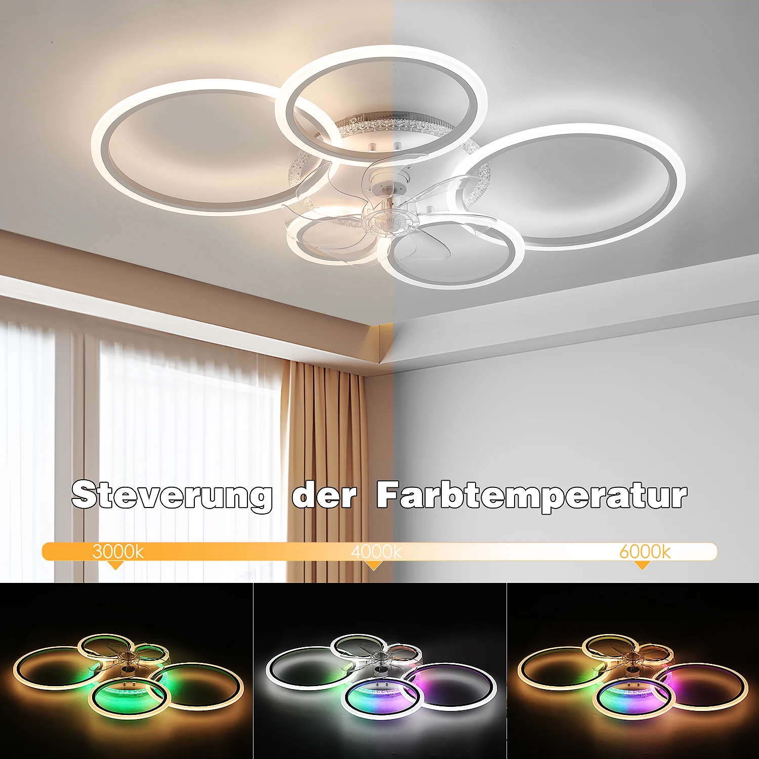 Silent Deckenventilator mit Beleuchtung, 72 W Creativer 5-Licht-Design Deckenventilator für Schlafzimmer Küche Esszimmer Lampen