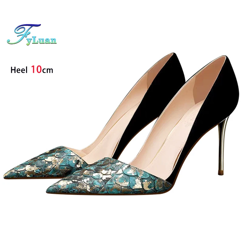 Schwarz Grün Leder Spleißen High Heels 10 cm Frauen Schuhe Dünne Fersen Wildleder Spitzen Kopf Damen Pumps Flache Stiletto Party schuhe