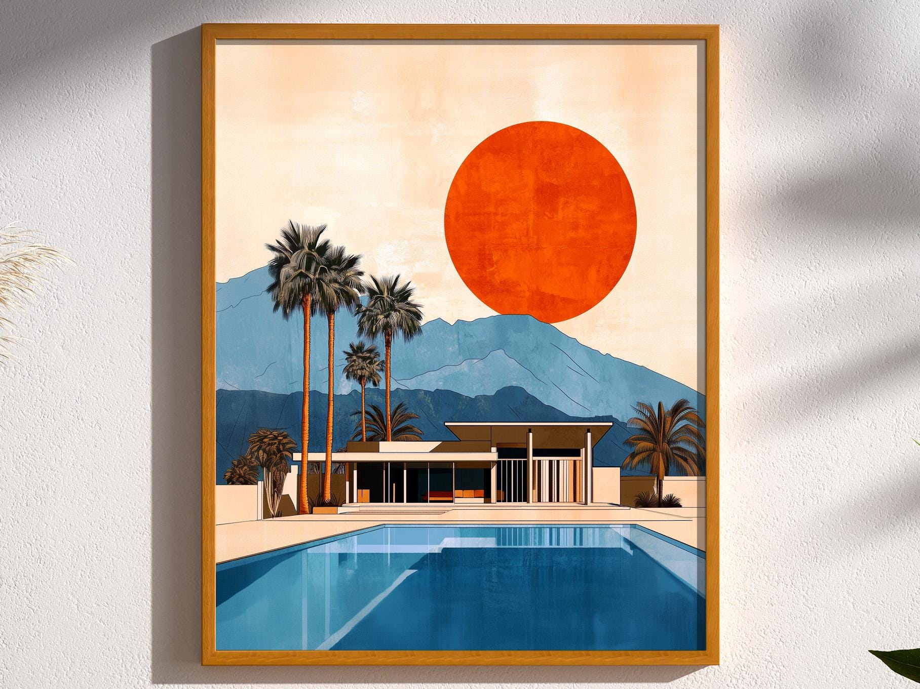 Stampa di una casa in stile Mid-Century Modern a Palm Springs: architettura a bordo piscina nel deserto, decorazione murale