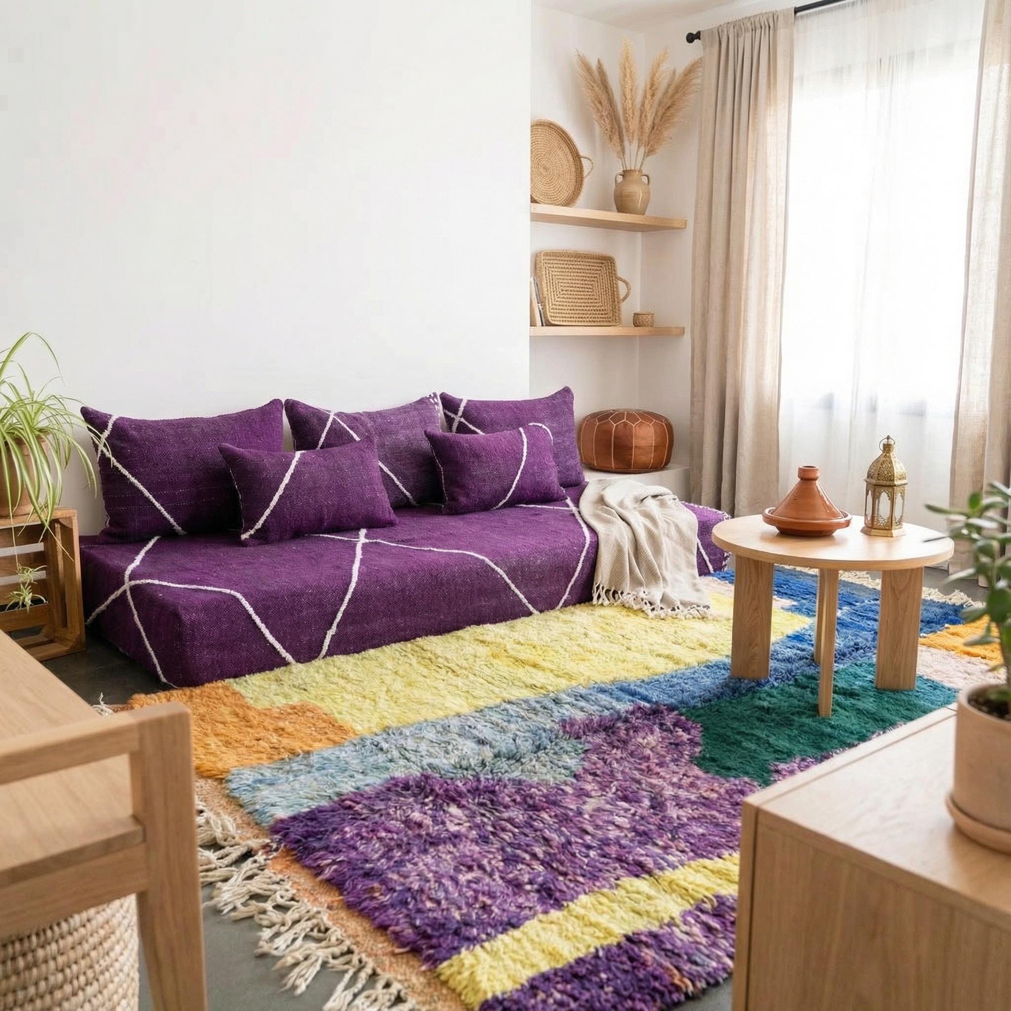 Divano letto in lana marocchina, divano a due posti Beni Ourain fatto a mano, grande divano Majlis arabo, divano Togo a righe bianche, fodere per diva