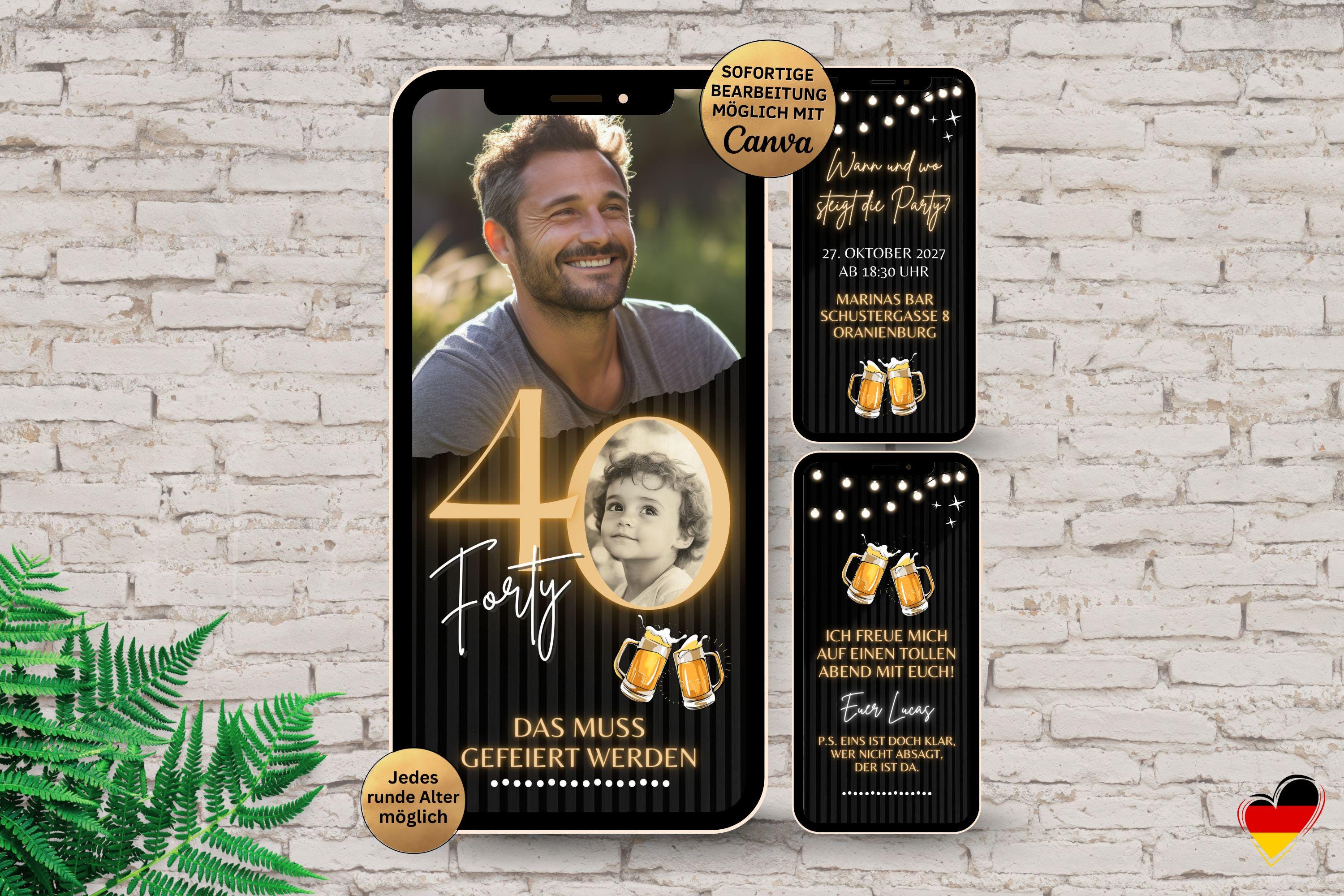 Invito digitale per compleanno con birra | Invito WhatsApp nero con foto | Modello di e-card per uomini di 20o, 30o, 40o, 50o e 60o compleanno, ieri e