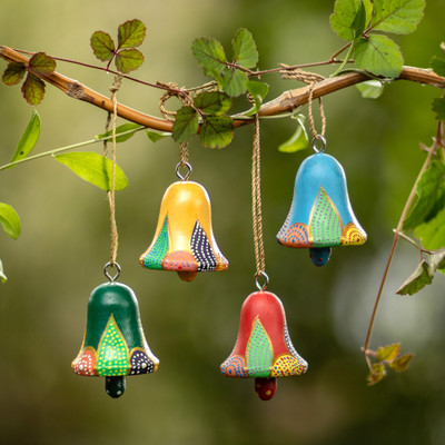 '4 Hand-Carved and Painted Wood Christmas Bell Ornaments'