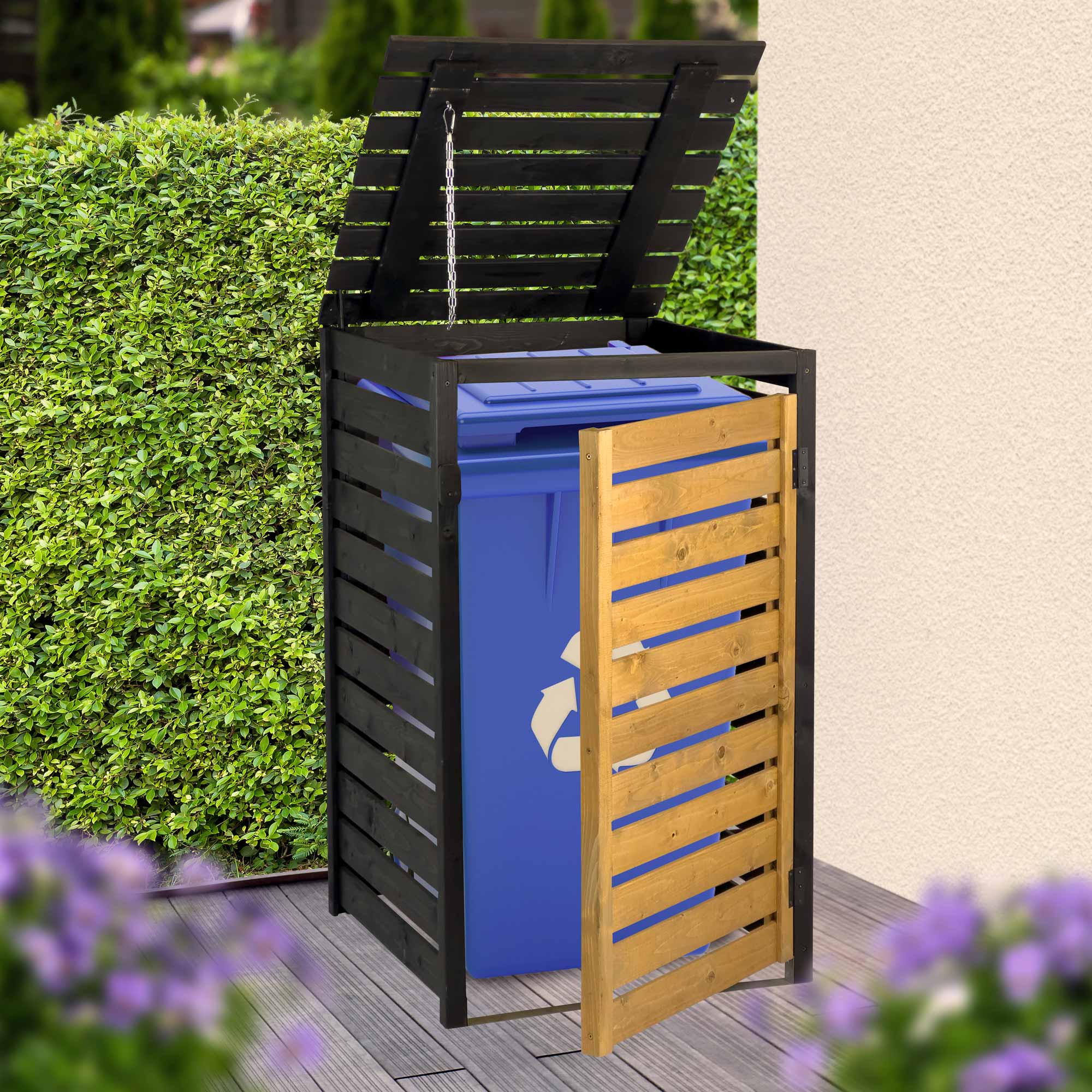 Mülltonnenbox DOBAR "Mülltonnenverkleidung 120 L, schwarz-braun", schwarz, braun, B:67cm H:112cm T:69,5cm, Massivholz, Aufbewahrungsboxen, aus robustem lasiertem Fichtenholz