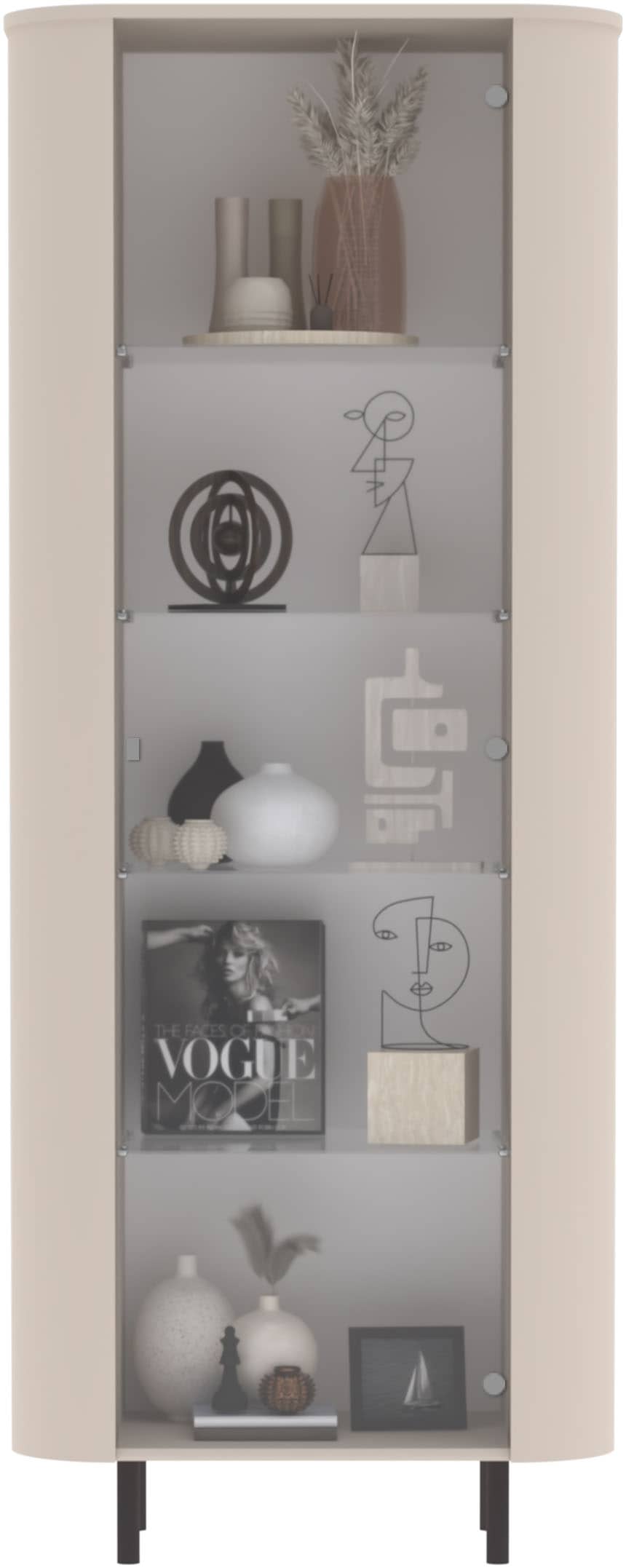 Vitrine INOSIGN "Lido, Standvitrine 200 cm hoch, 1 Tür, Glasvitrine, Vitrinenschrank", cashmere, B:80cm H:200cm T:43cm, FSC-zertifizierter Holzwerkstoff, Schränke, Vitrine, Gebogenes MDF, Stirnseiten mit Rundung, Metallfüße, dekorativ & edel
