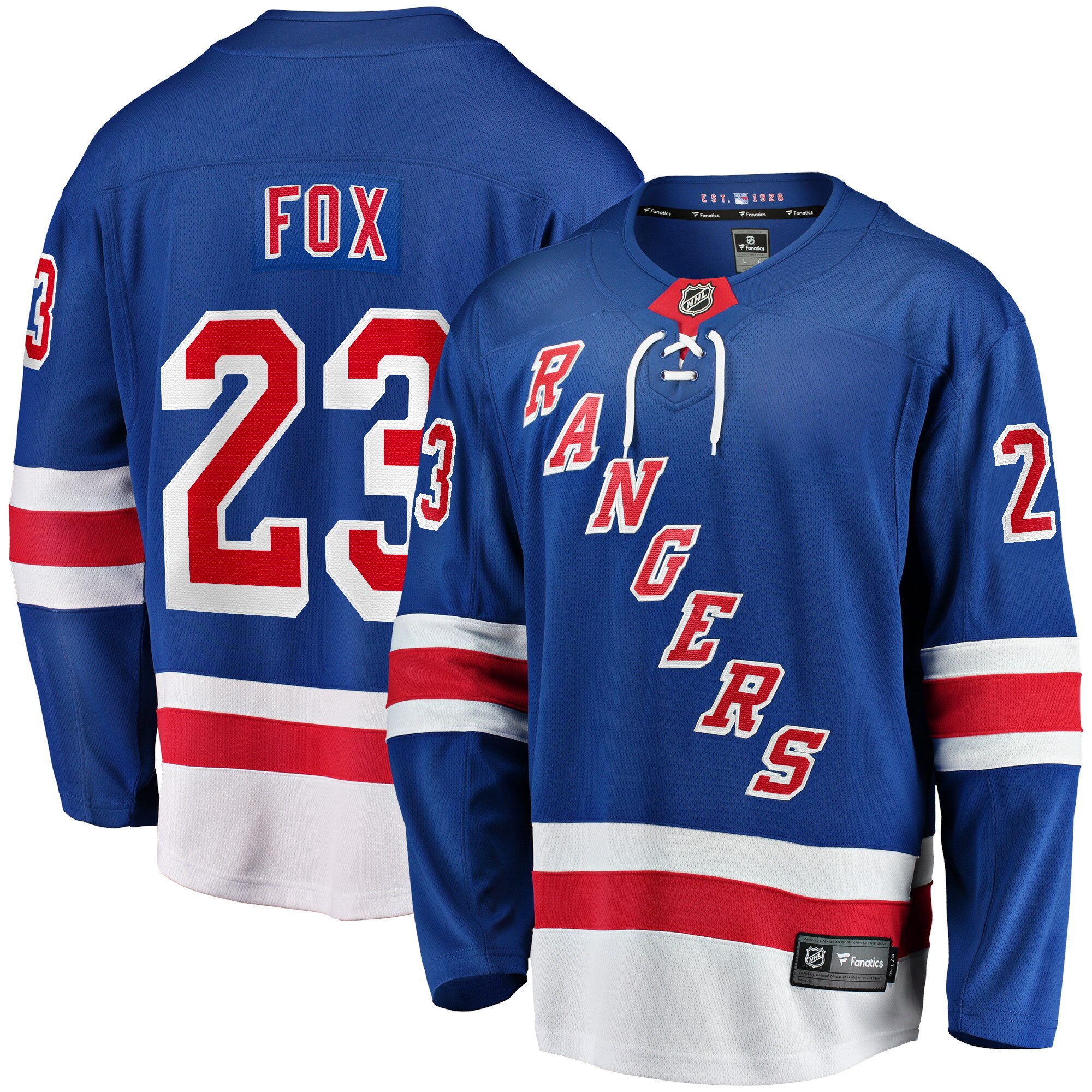 "New York Rangers Fanatics Branded Home Breakaway Jersey - Blue - Adam Fox - Mens" Image