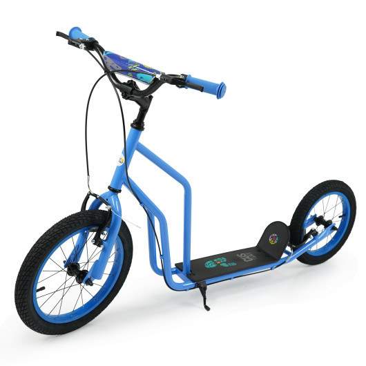 Costway Youth Scooter with Adjustable Handlebar and 16/14-Inch Inflatable Wheels for Age 8+ Years Old-Blue