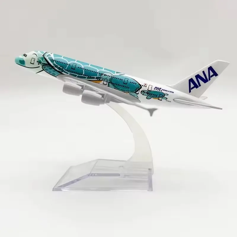 Legierungsflugzeug Japan ANA Airlines A380 Modell Orange/Grün/Blau Meeresschildkröte Maßstab 1/400 16CM Miniaturflugzeug mit Flugzeugständer