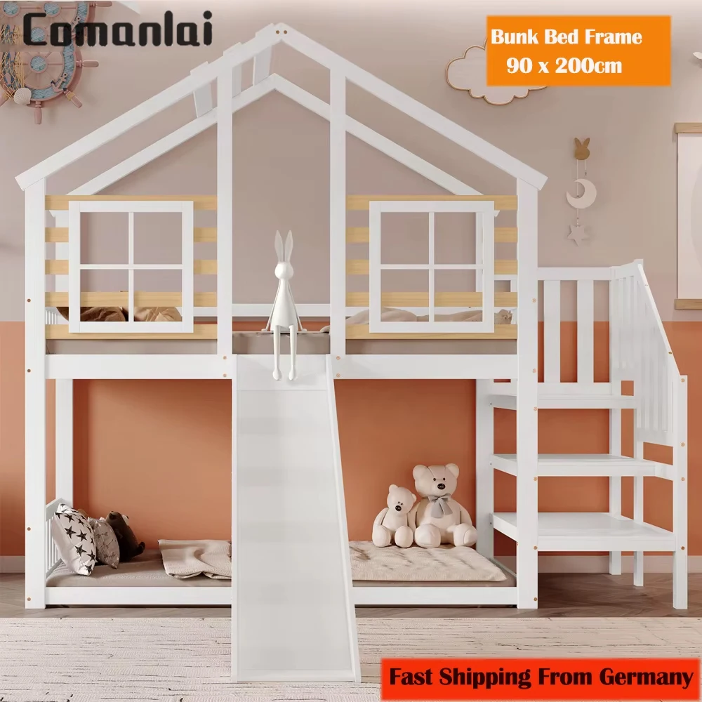 Comanlai 90 x 200 cm großes Kinderbett, Etagenbett in Hausform mit Absturzsicherung, Treppen, Rutsche, Fenster und Massivholzrahmen, weiß Image
