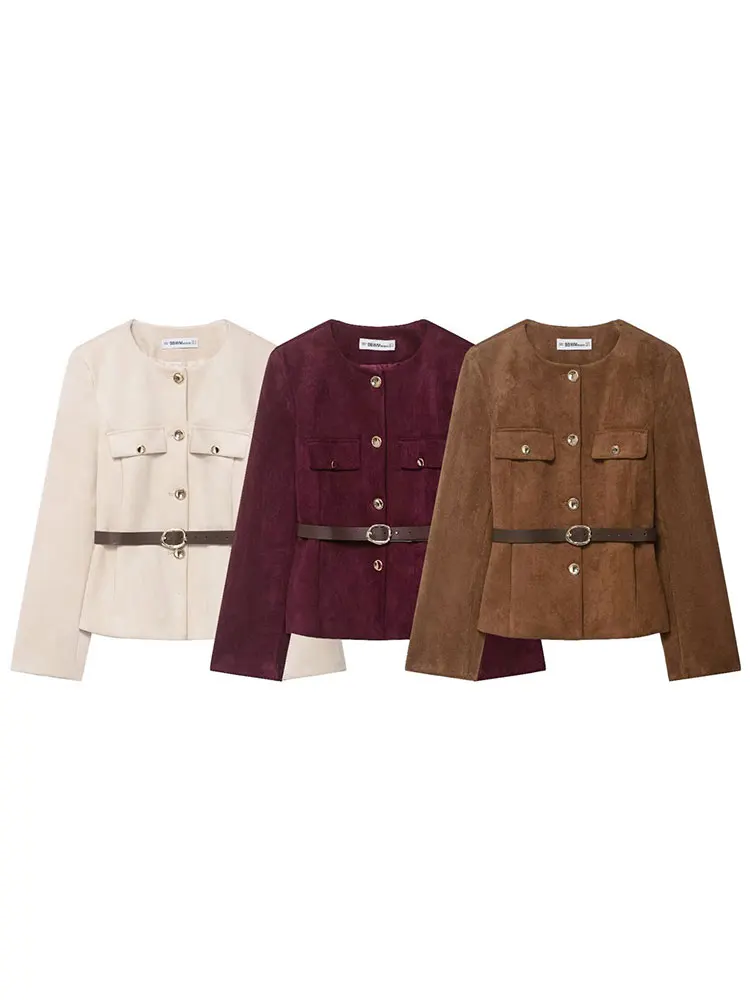 HH Frauen Neue Mode Wildleder Blazer Mäntel O Neck Einreiher Langarm Gürtel Jacke Herbst Casual Weibliche Y2K Streetwear Image