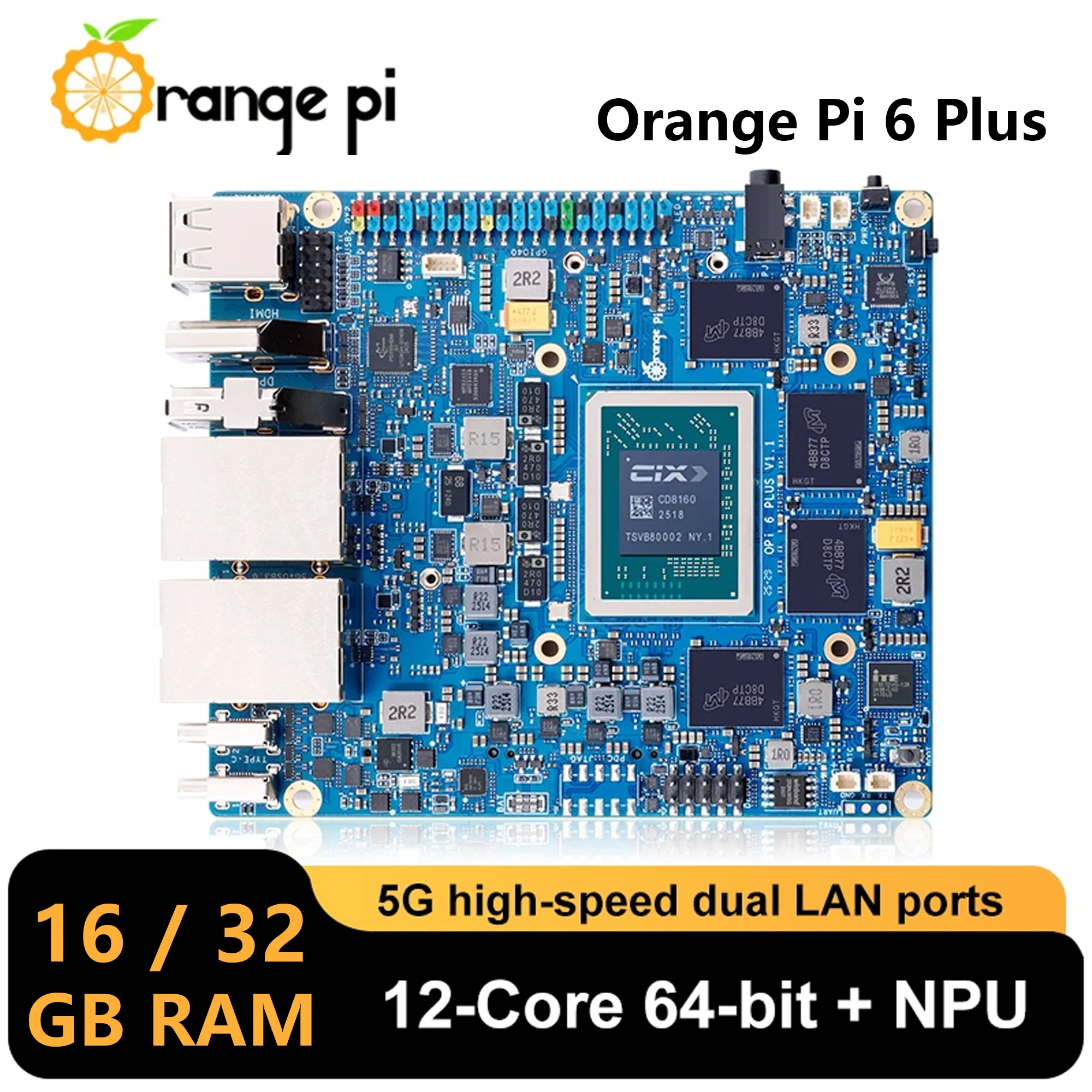 Orange Pi 6 Plus 32/16 GB LPDDR5 45TOPS CIX CD8180/CD8160 Soc 5G Ethernet 12-Core 64-Bit-Prozessor Single Board Computer Image