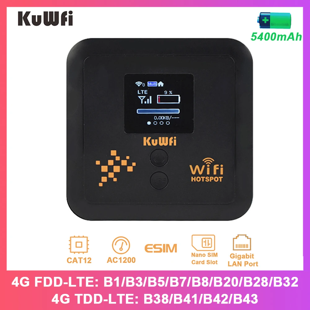 KuWFi CAT12 4G+ Modem AC1200 2,4G 5G Dual Band WiFi 5400mAh Pocket 4G LTE Router Unterstützung eSim Nano SIM Slot Gigabit LAN Port Image