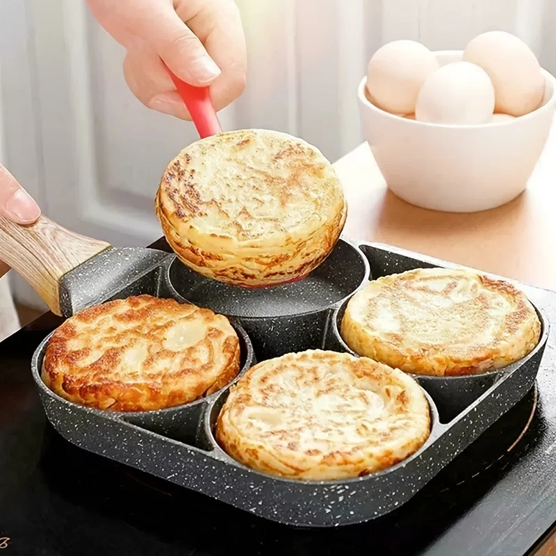 1 Stück Eier-Burger-Pfanne, Vier-Loch-Bratpfanne mit flachem Boden, Turmalin-Antihaft-Pfannkuchen-Frühstückspfanne, Drei-in-Eins-Eier-Bratpfanne Image
