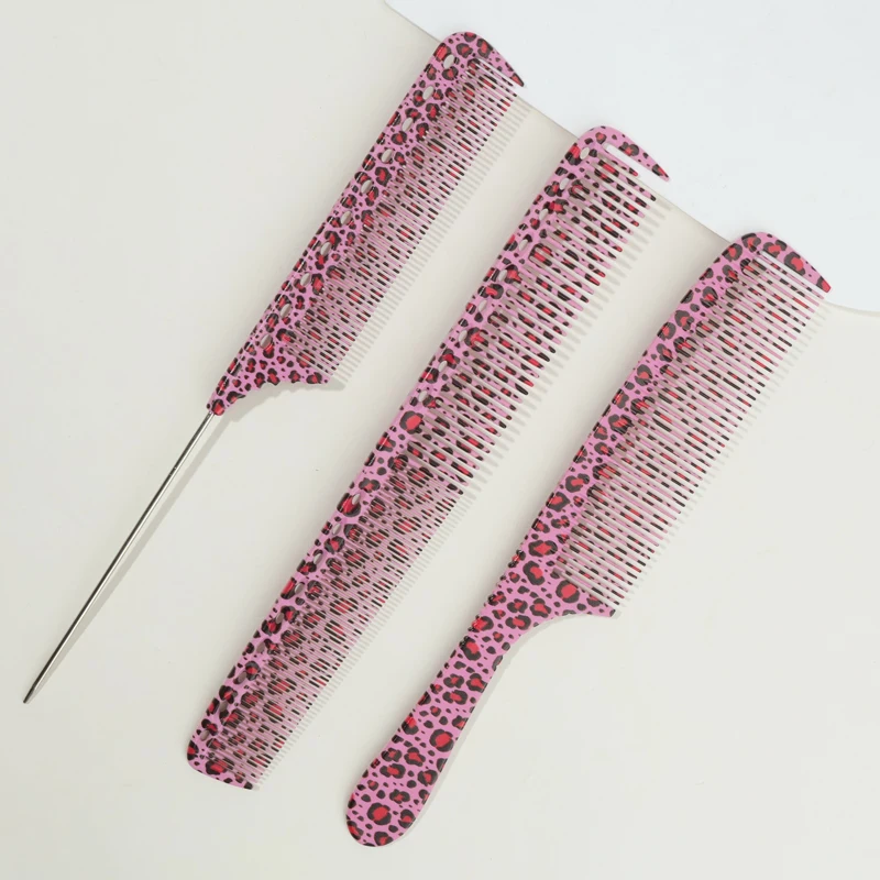 Eins bis dreiteiliges Set: Rosa Haarkamm mit Leopardenmuster, Flachkopfkamm, zwei langlebige ABS-Materialien + Metall-ABS-Griffe Image