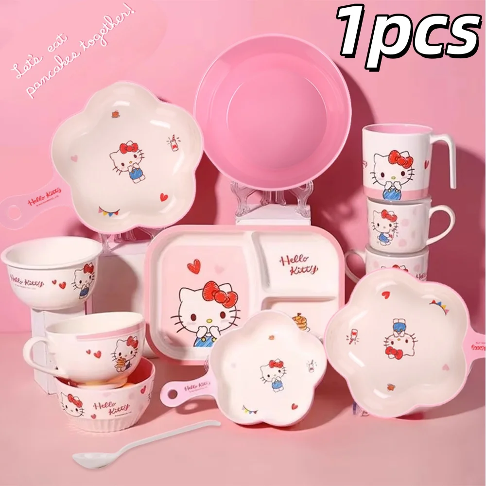 1pc Sanrio Hellokitty Tableware Safe And Heat-Resistant Three Grid Plate Spoon Handle Cup Melamine Tableware For Cutlery Bowl