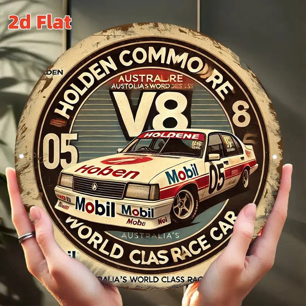2D Flat, Vintage Holden V8 Rennwagen-Metallwandkunst – Rundes Aluminiumschild mit „Australien's World Class Race Car“-Design Image