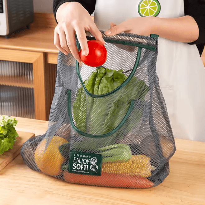 Reusable Hanging Mesh Storage Bags For Kitchen Fruit And Vegetables long Strip Style