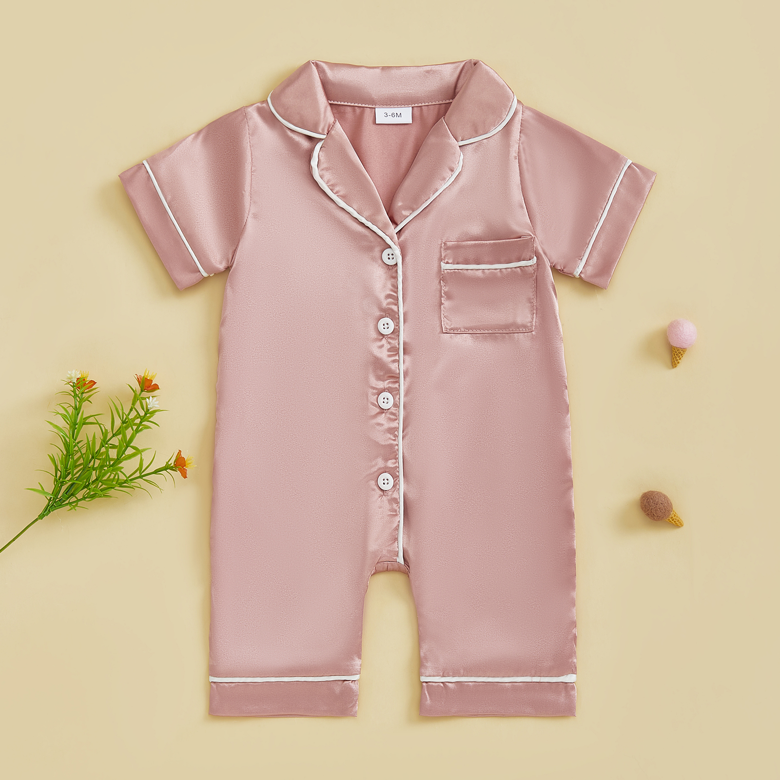 Soft Satin Baby Pajamas Romper, Patchwork Turn Down Collar Short Sleeve Jumpsuit For Newborn Sleepwear pink 0 3 Months