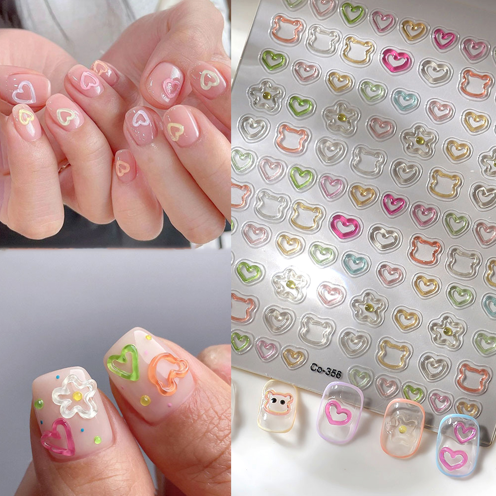 3D Embossed Nail Stickers, Cute Hollow Bear Heart Flower Decals For DIY Manicure s3