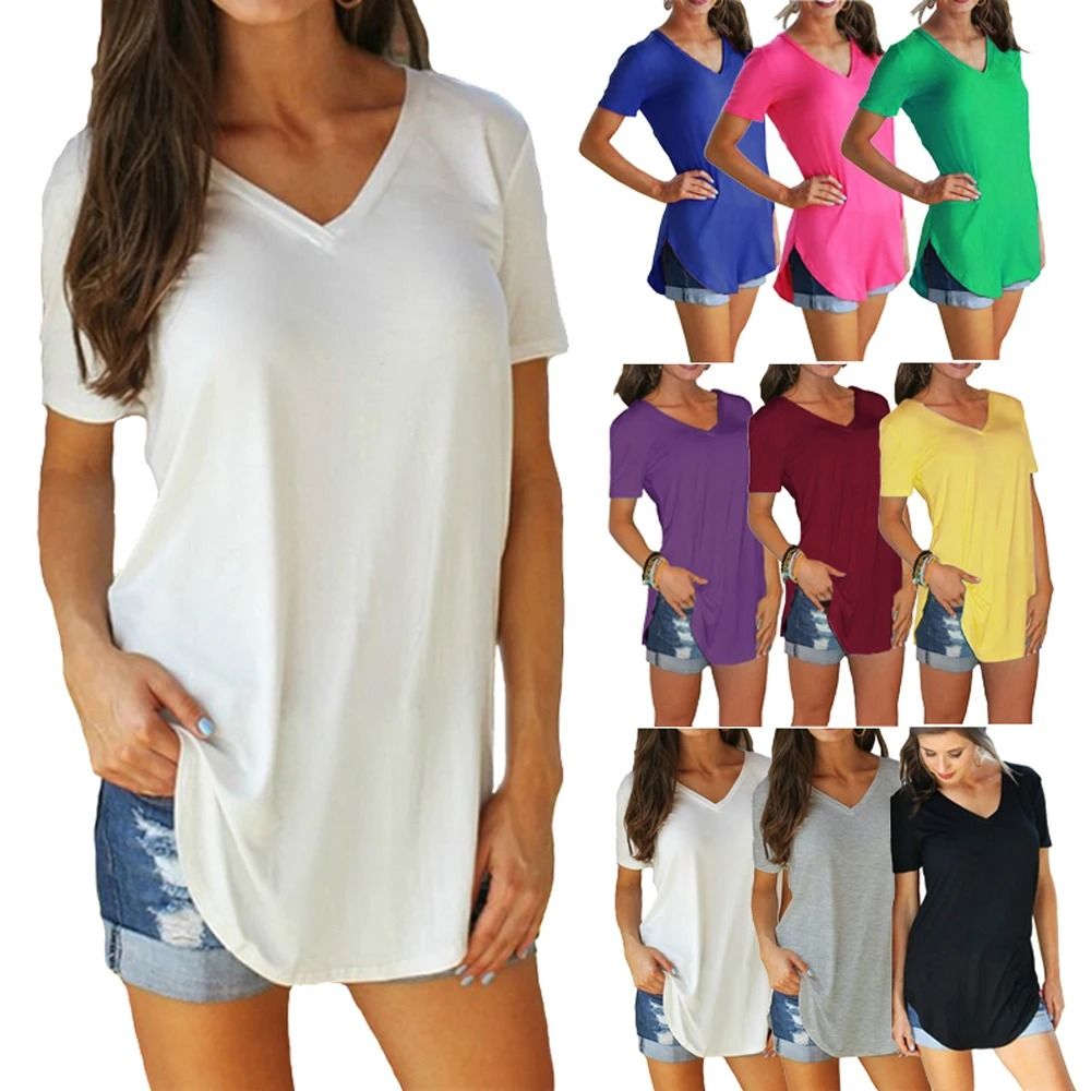Summer Solid Color V Neck Short Sleeve Loose Hem Arc Blouse For Women l fuchsia