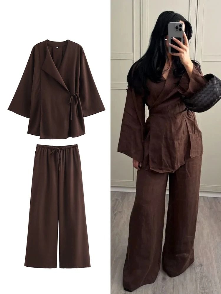 Womens Kimono Style Two Piece Outfit With Lace Up Top And Wide Leg Pants brown m