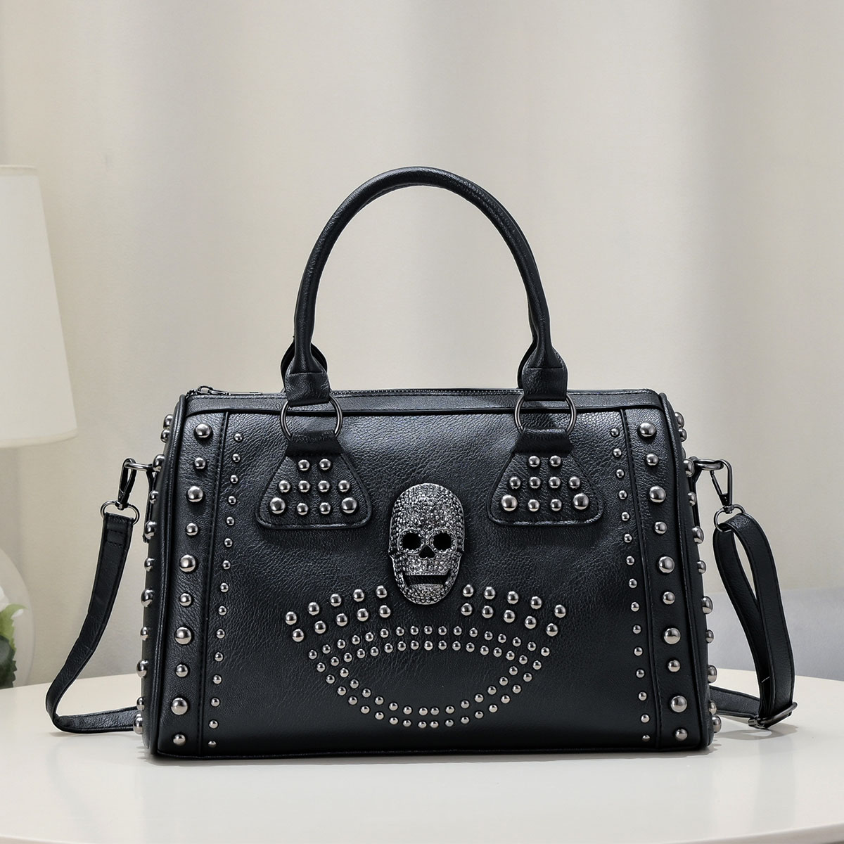 Boston Bag Dark Punk Style Handbag, Rivet Trend Shoulder Messenger Bag, Large Capacity Black Purse For Women Boston Bag Dark Punk Style Handbag, Rivet Trend Shoulder Messenger Bag, Large Capacity Black Purse For Women