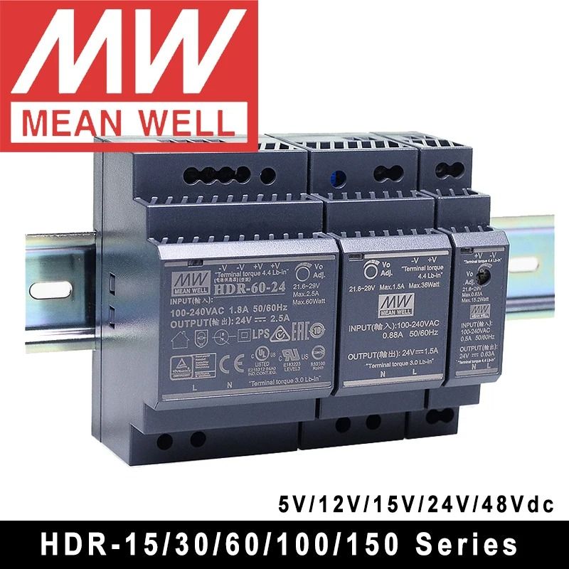 Mean Well HDR Series Ultra Slim DIN Rail Power Supply 15 To 150W Multi Voltage hdr 15 24 V