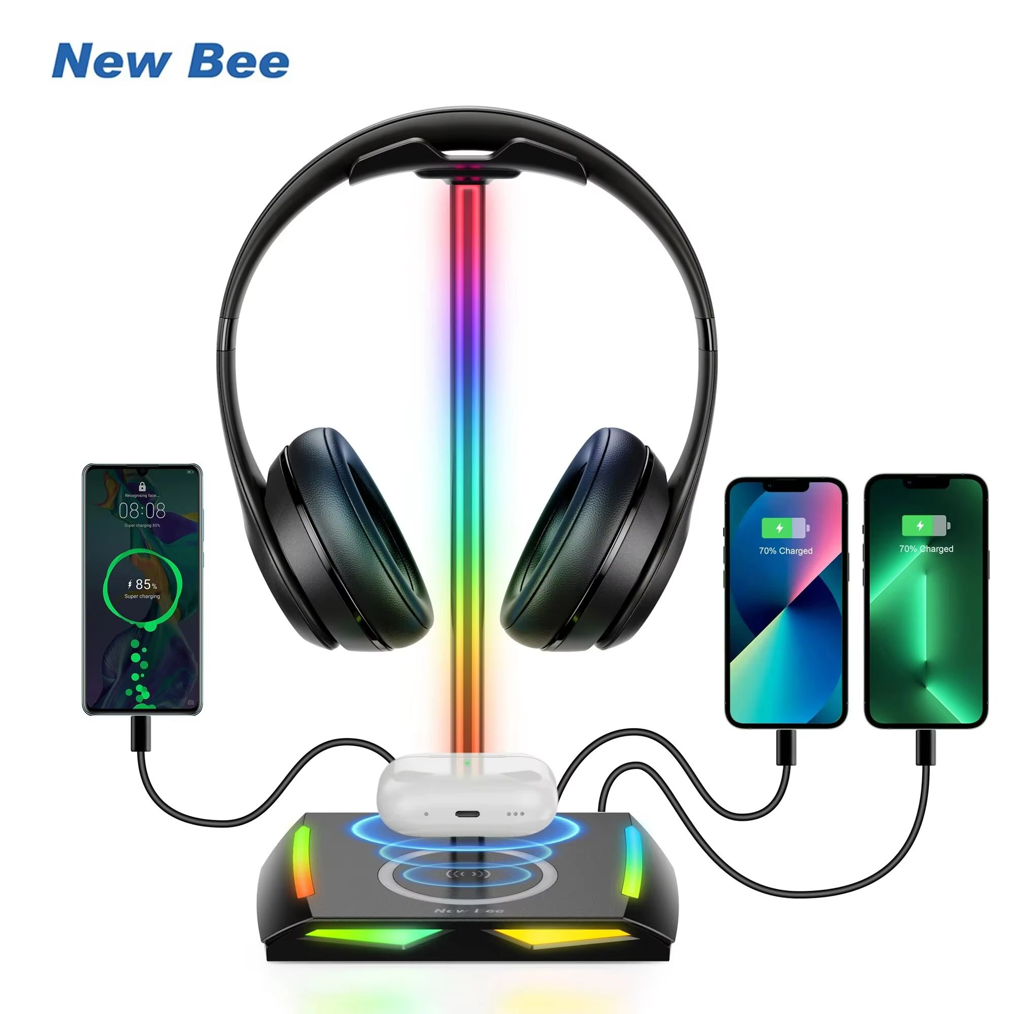 DeskGlow Z12 RGB Headphone Stand With Wireless Charging Base Gaming Headphone Stand With USB Ports And LED Accent Ligh DeskGlow Z12 RGB Headphone Stand With Wireless Charging Base Gaming Headphone Stand With USB Ports And LED Accent Ligh