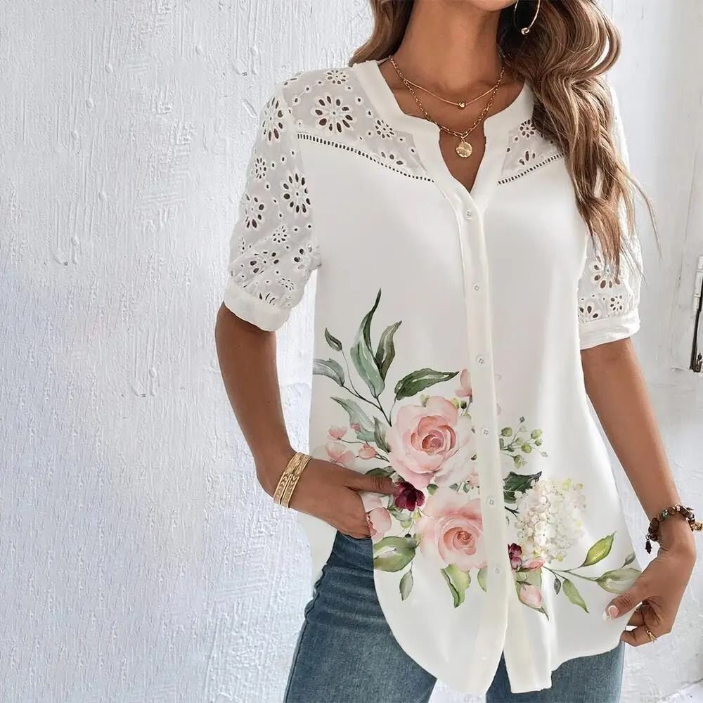Casual Lace Women Shirt Loose Elegant Short Sleeve Blouse xl white