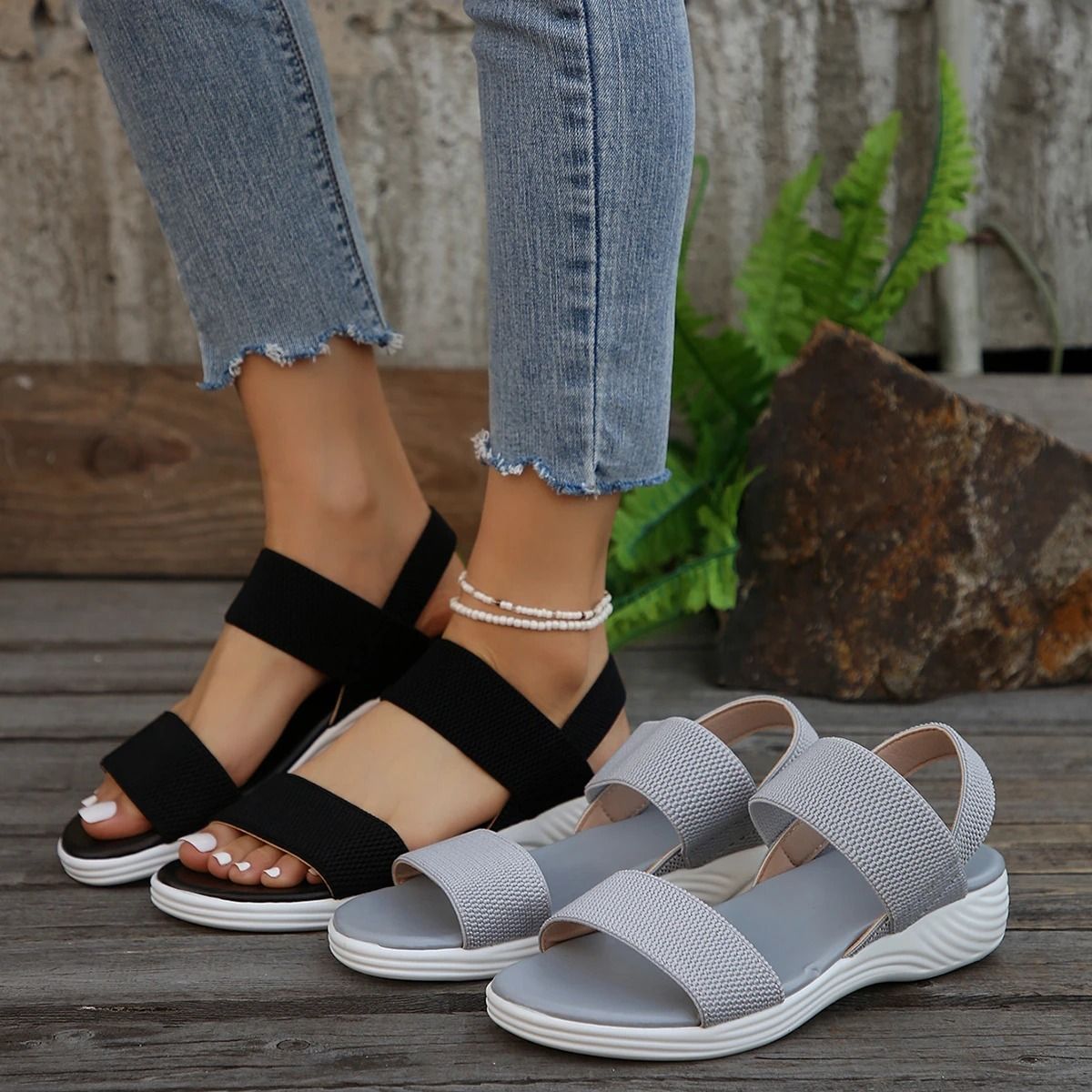 Women Knit Wedge Sandals Slip On Lightweight Summer Shoes 9.5 grey 030