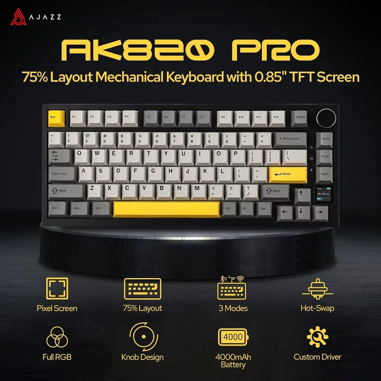Ajazz AK820 Pro Wireless Mechanical Gaming Keyboard With Knob And Hot Swappable Keys ak820 Gray white