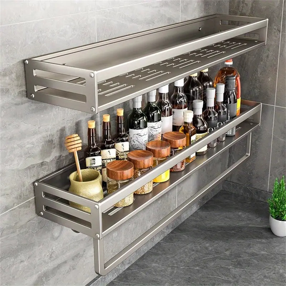 Aluminum Wall Mounted Spice Rack Multifunctional Item Shelf Kitchen Tools Hooks Kitchen Condiment Storage Rack 40 Gun Gray