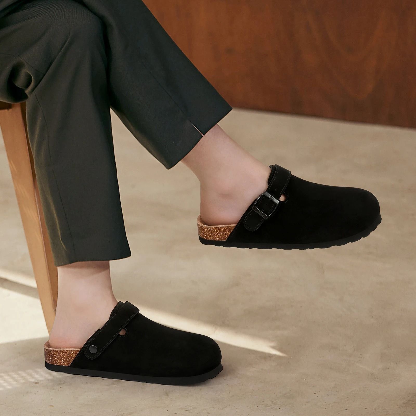 Womens Fashion Clogs With Adjustable Strap Comfortable Cork Footbed Leather Mules For Indoor And Outdoor Wear us 6.5 cow Suede Green 2