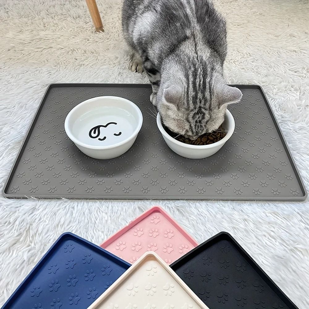 Pet Placemat Non Slip Paw Print Design Easy Clean Silicone Mat 19 X 11.8 In black