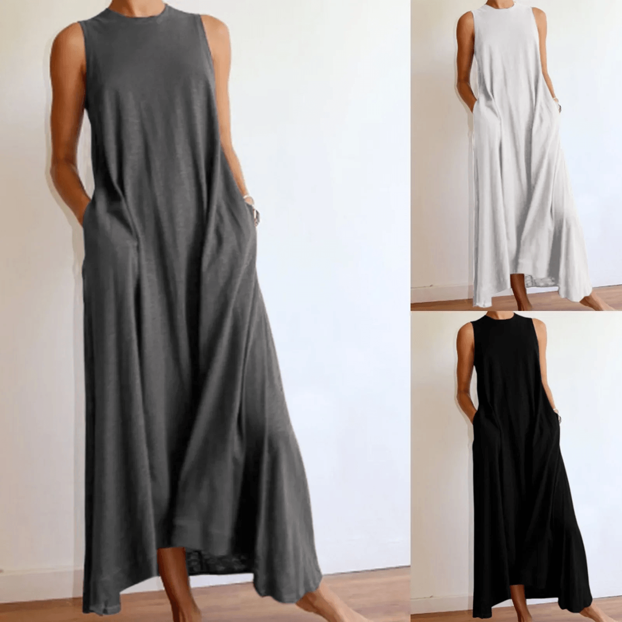 Plus Size Knit Summer Dress Womens Casual Round Neck Long Dress xl gray