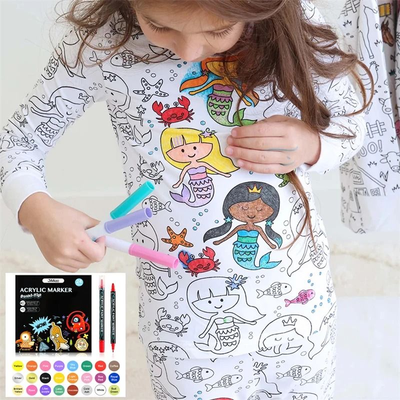 Colorable Two Piece Pajama Set For Kids DIY Coloring Kit Pajamas With Markers For Boys And Girls 4t 24 Colors Kit