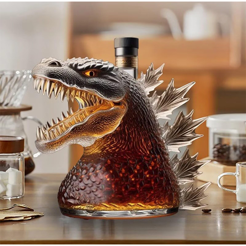 330ML Whiskey Decanter Bottle, Walking Dinosaur Monster Art Statue Glass Container, Unique Holiday Gift For Father transparent C