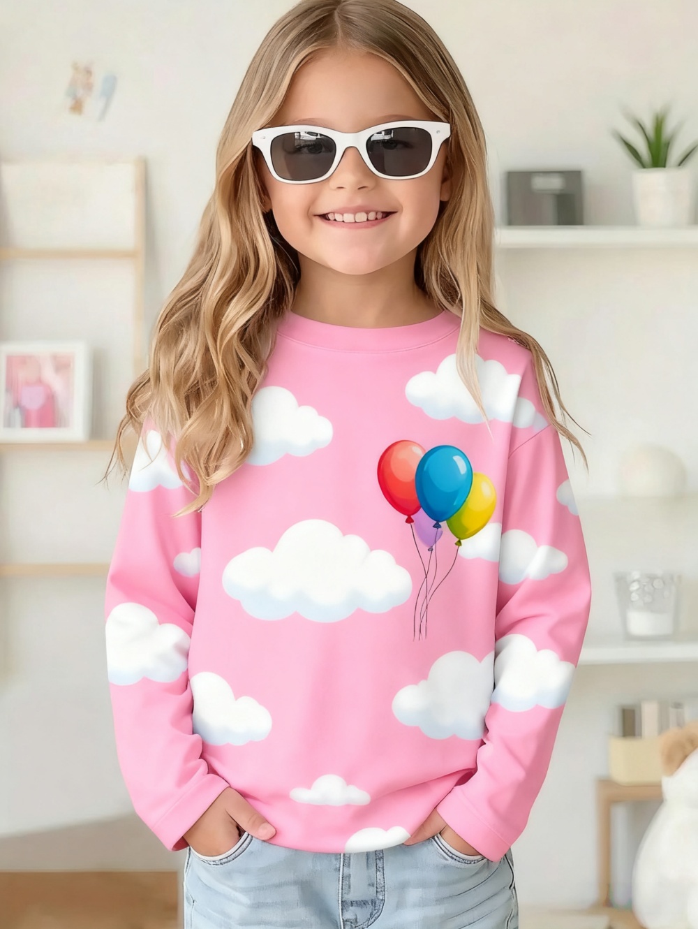 Cute Pink Clouds 3D Print Kids T Shirt, Girls Long Sleeve Top, Casual Comfort Childrens Clothing For Autumn Outdoors cxs002dw 120