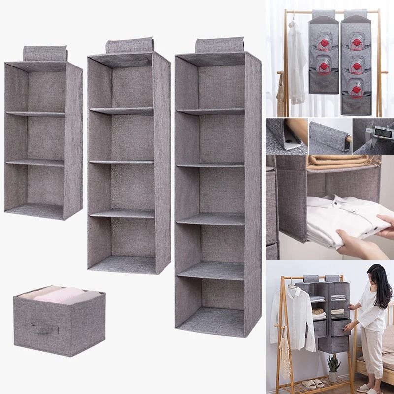 Cotton Linen Hanging Storage Organizer With Drawers For Closet And Wardrobe gray Drawer