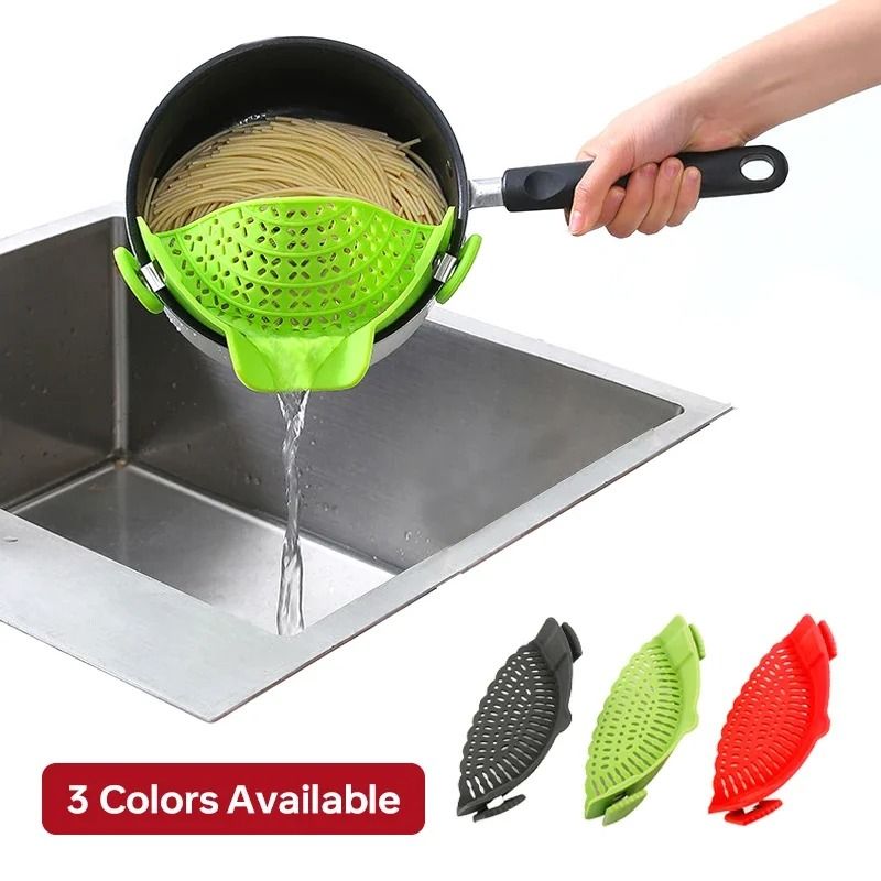 Universal Silicone Clip On Pan Pot Strainer For Pasta Fruit And Vegetables green