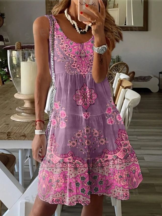 Plus Size Printed Pleated Sleeveless V Neck Summer Dress 3xl green