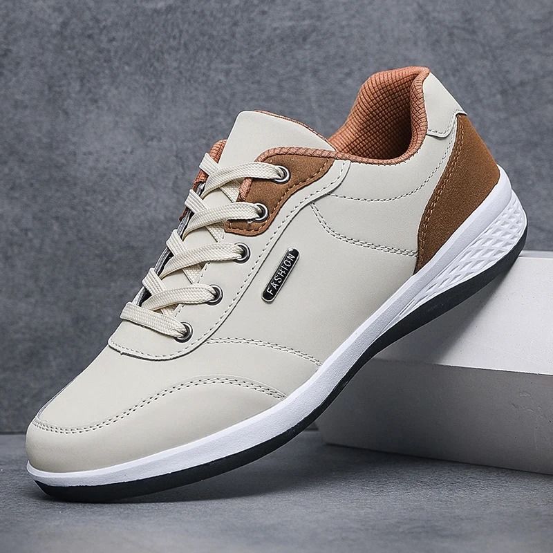 YRZL Men Shoes Spring Autumn Waterproof Walking Sneakers Leisure Male Leather Sports Shoes Non Slip Footwear Tennis For us 8.5 beige