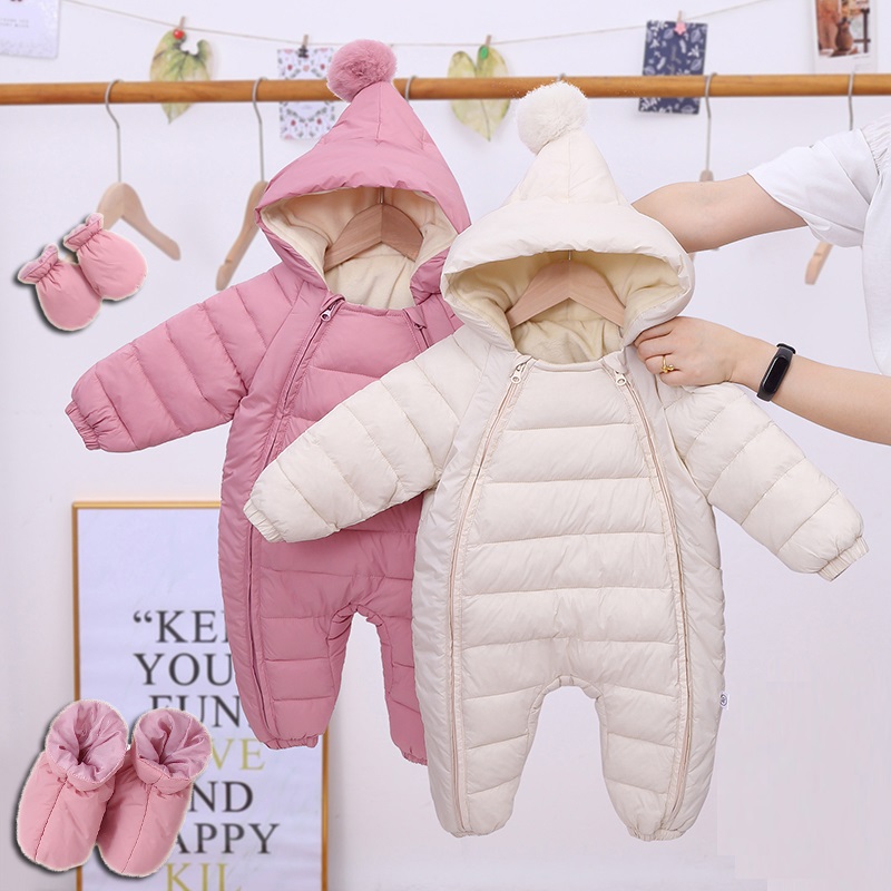 Plus Velvet Hooded Newborn Baby Jumpsuit Warm Snowsuit For Baby Boys, Toddler Snow Suit Baby Girl Cotton Overalls Romper pink 3 6m 70