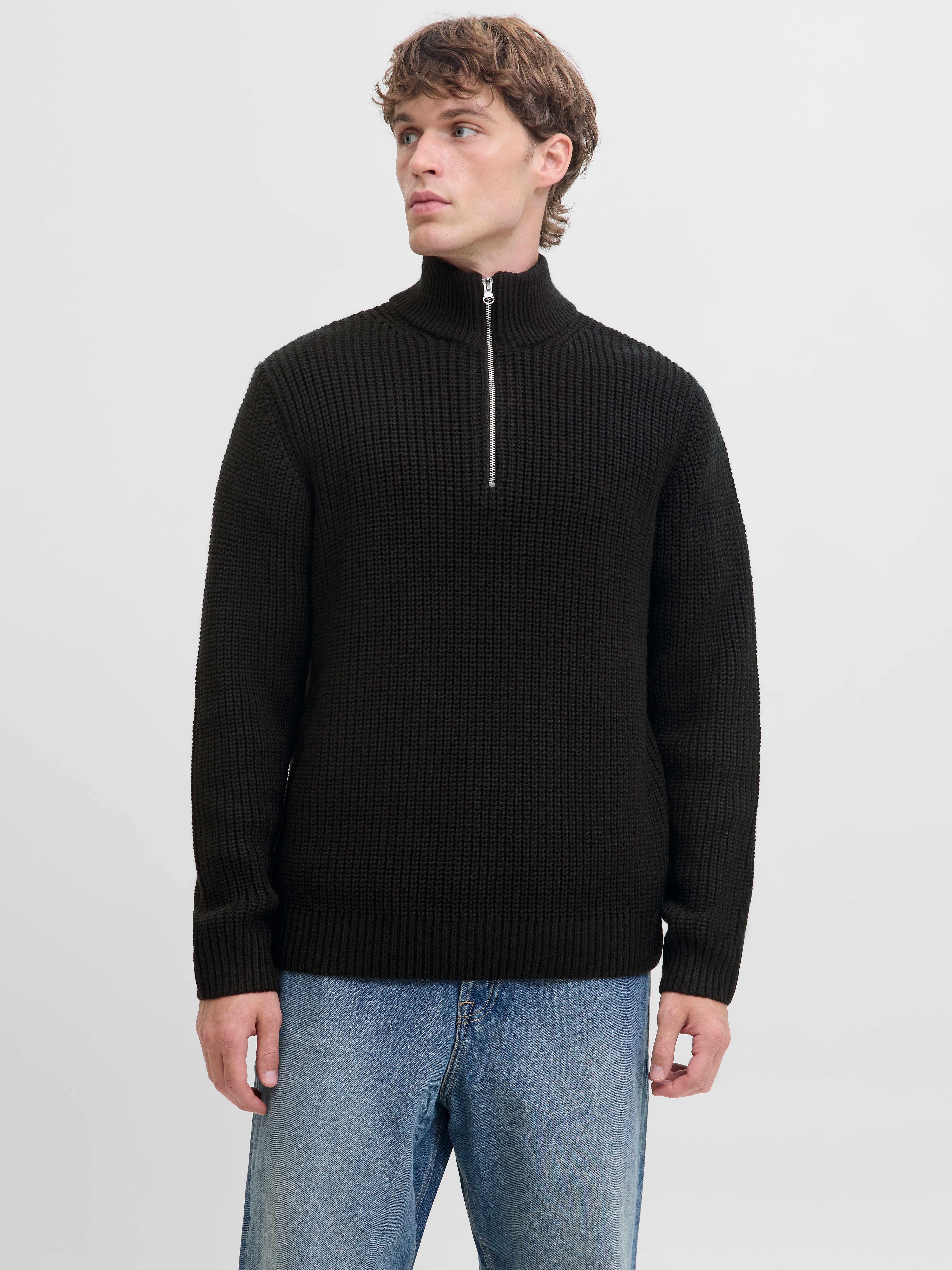 Troyer JACK & JONES "JORBLEECKER KNIT HALF ZIP BF", Herren, Gr. L, schwarz, Strick, Obermaterial: 65% Polyacryl, 35% Baumwolle, unifarben, regular fit hüftlang, hoch geschlossener Ausschnitt, Rippbündchen, Pullover Troyer
