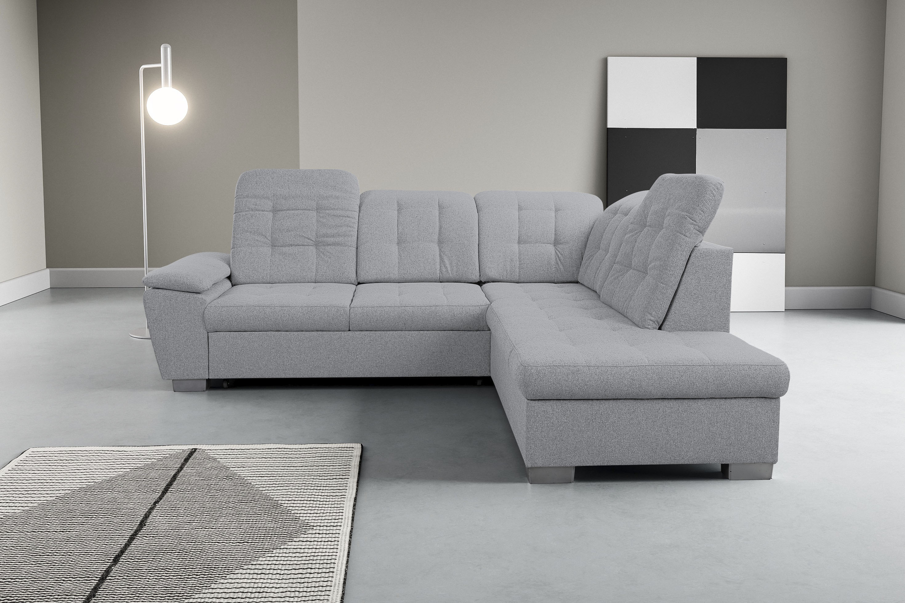 Ecksofa WERK2 "Bonny inkl. Kopfteilverstellung, Bettfunktion, Stauraum, L-Form", grau, B:265cm H:103cm T:215cm, 100% Polyester, Sofas, Komfortwunder mit Schlaffunktion, verstellbarem Kopfteil & Stauraum.