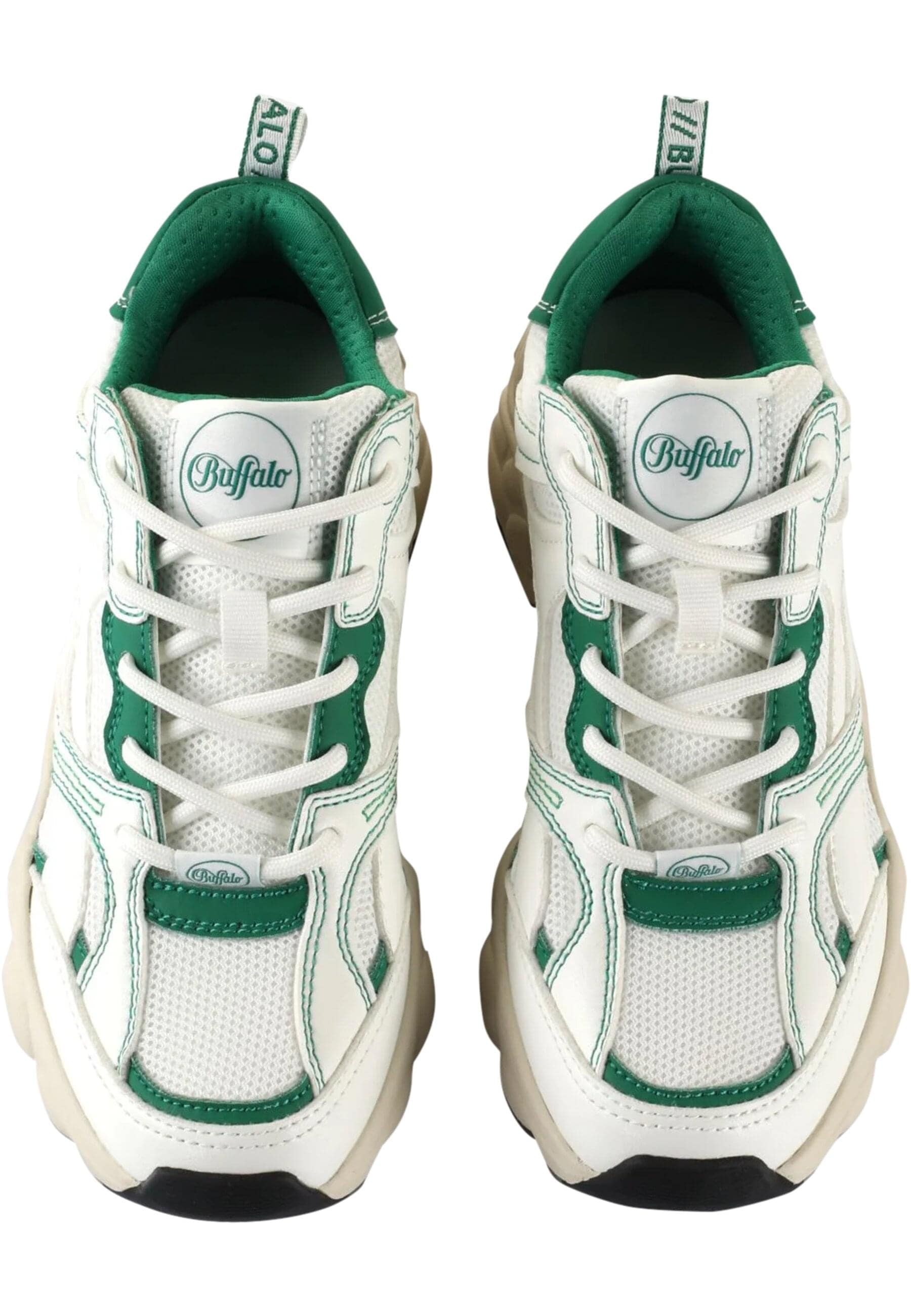 Trainingsschuh BUFFALO "Buffalo Damen Buffalo Cld Run RT Vegan Nappa/Mesh", Damen, Gr. 40, weiß, grün, Kunstfaser, unifarben, Schuhe