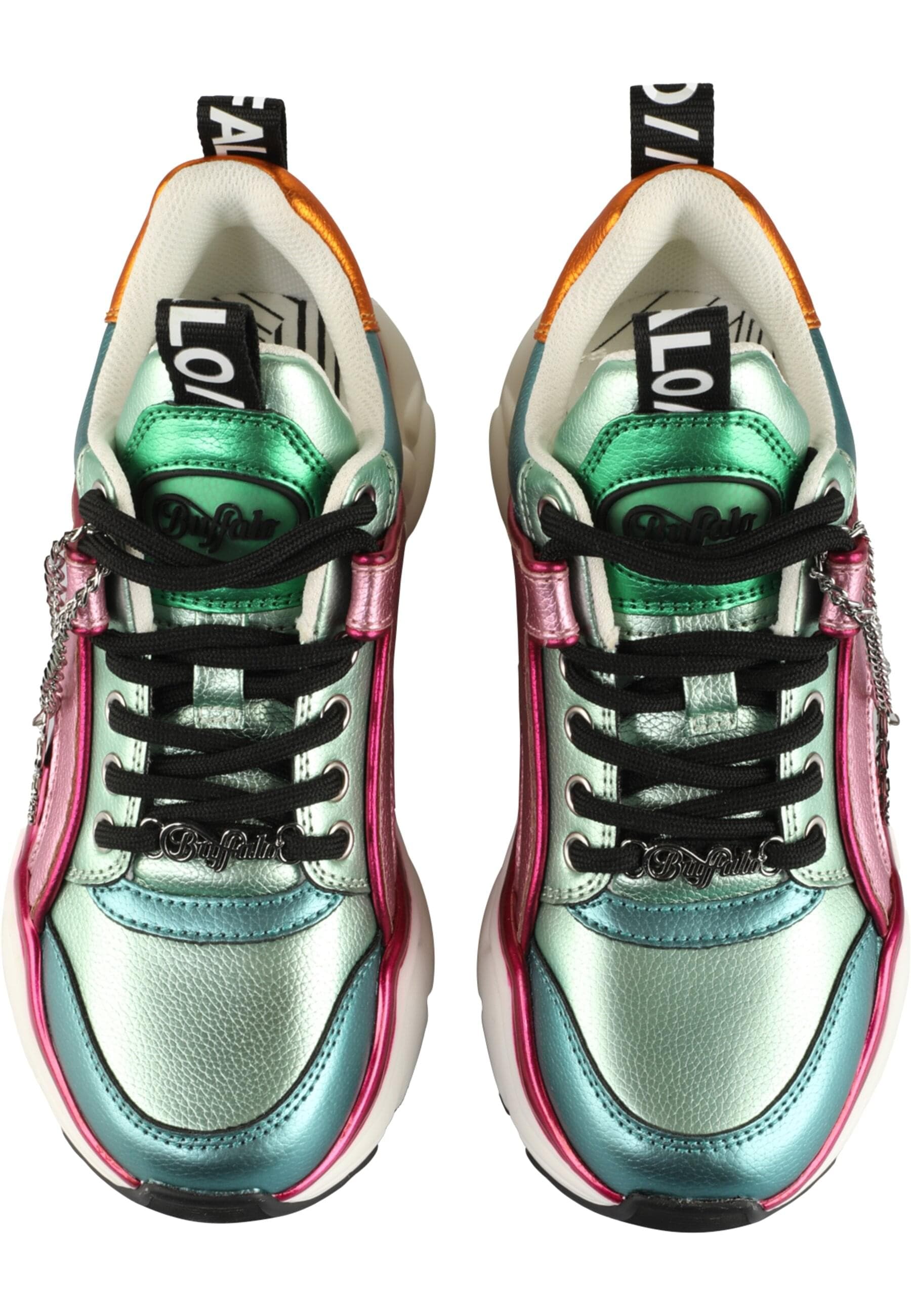 Trainingsschuh BUFFALO "Buffalo BINARY GLAM", Damen, Gr. 40, mint, pink, gelb metallic, Polyurethan, Schuhe